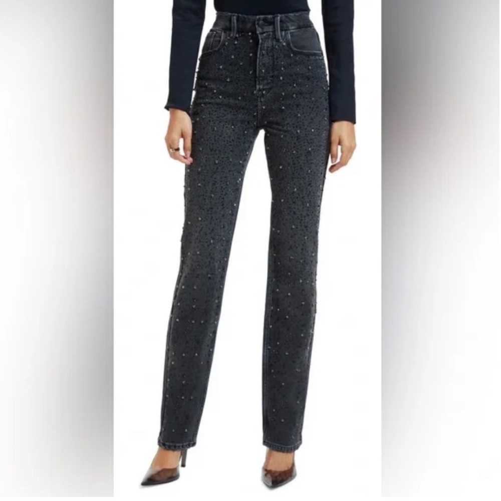 Good American Black Studded Straight Leg Jeans, Women’s Plus Size 20